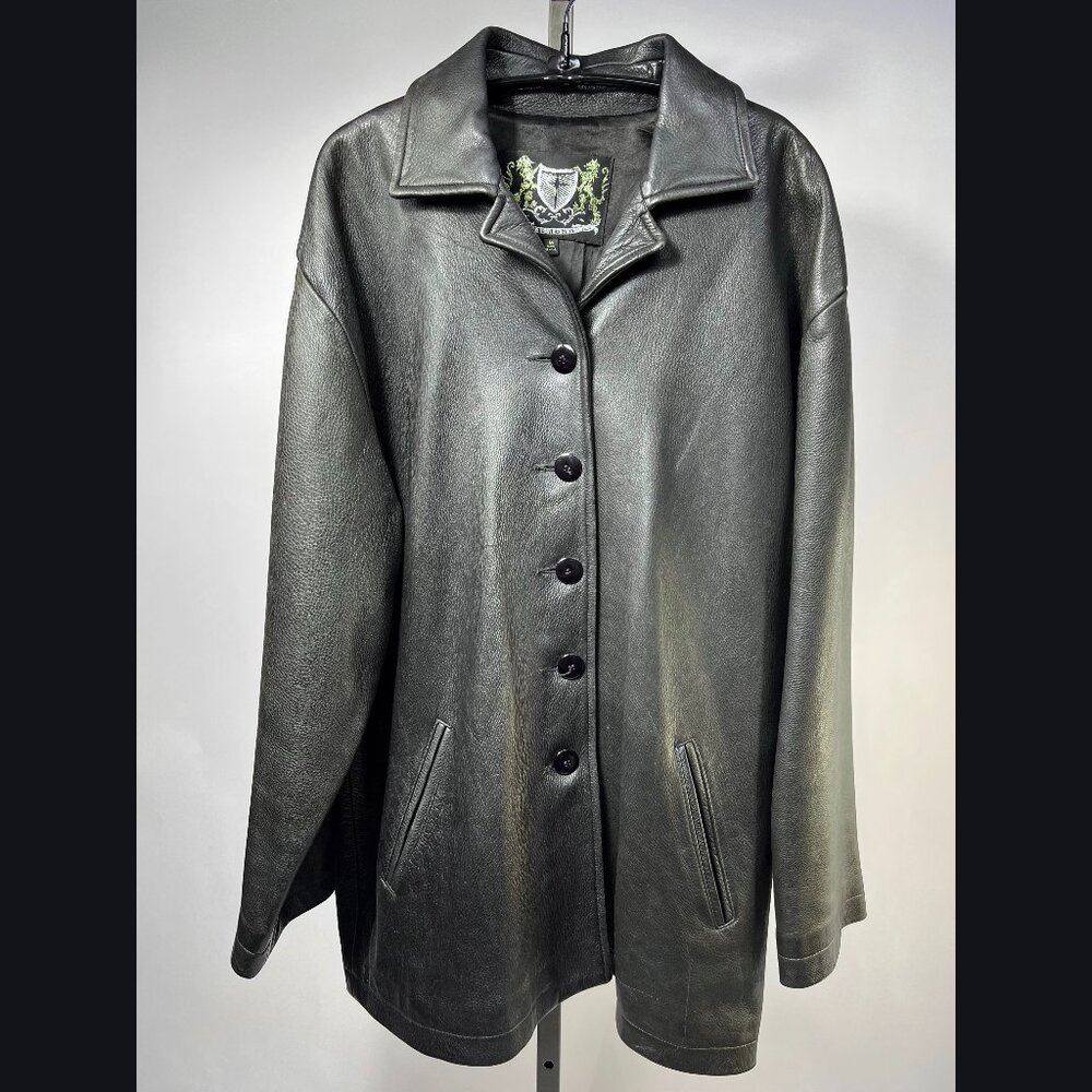 VTG ST. JOHN Black Midlength‎ Pebble Leather Coat Jacket Woman Medium